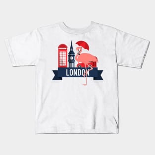 Pink Flamingo in London England Travel Icons Kids T-Shirt